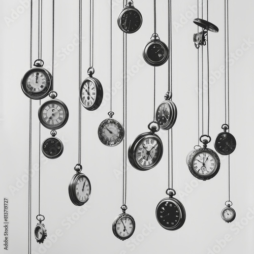 precisely arranged collection of antique pocket watches, suspended in mid-air with invisible threads. The image explores the concept of time