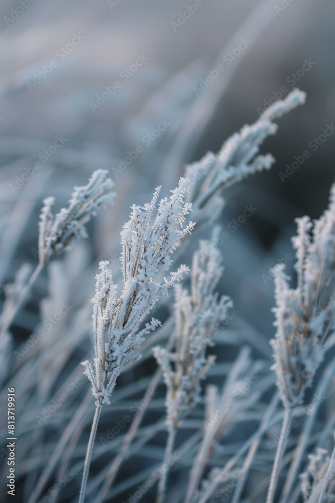 Closeup view of the patterns of frost on blades of grass, with their icy crystals and intricate textures creating a mesmerizing composition Closeup view of the patterns of frost on blades of grass, with their icy crystals and intricate textures creating a mesmerizing composition