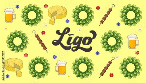 Ligo holiday picnic set vector illustration, Ligo lettering vector art, oak wreath, ligo cheese, shashlik, beer. Yellow background