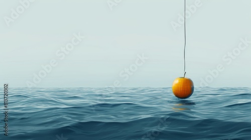 A minimalist image featuring a sophisticated fishhook delicately dangling a pixelated, golden apple just above the water's surface. Subtle shadows play on the calm waves, symbolizing the tempting