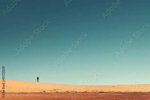 minimalist, isolation of a lone figure standing at the edge of a vast, empty desert, emphasizing the concept of solitude and insignificance in the grand scheme of life. The warm, muted tones 
