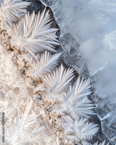 A macro, calcifrage crystals forming on the edge of a frozen waterfall. The delicate, feathery patterns of the ice crystals