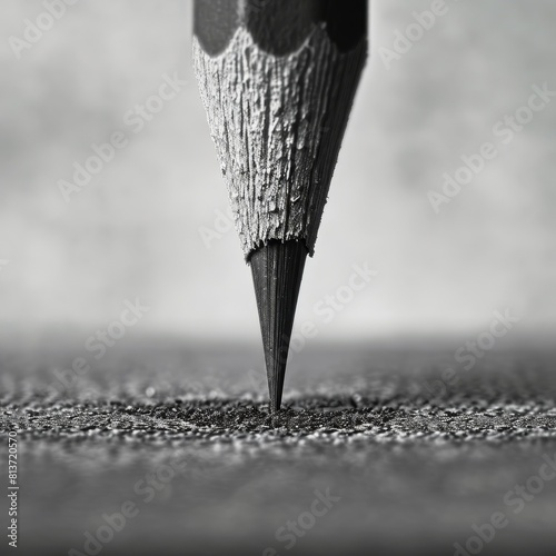 lead pencil tip, delicately poised above a blank canvas. The fine graphite point is juxtaposed against the textured, blank surface, ready to leave its mark. macro