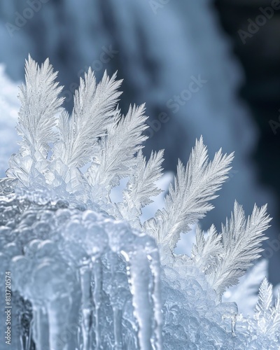 A macro, calcifrage crystals forming on the edge of a frozen waterfall. The delicate, feathery patterns of the ice crystals