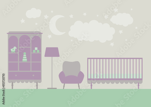 Kids room, baby room furniture, interior in pink colors. Vector illustration set. Newborn, girl, toddler room interior. Furniture, bookshelf, bed, chair, lamp, painting on the wall