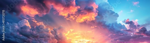 Majestic sky with dramatic clouds at sunset, vibrant colors and expansive view