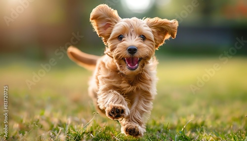 Playful puppy running towards the camera in a grassy field, happiness and energy in motion