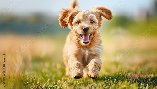 Playful puppy running towards the camera in a grassy field, happiness and energy in motion