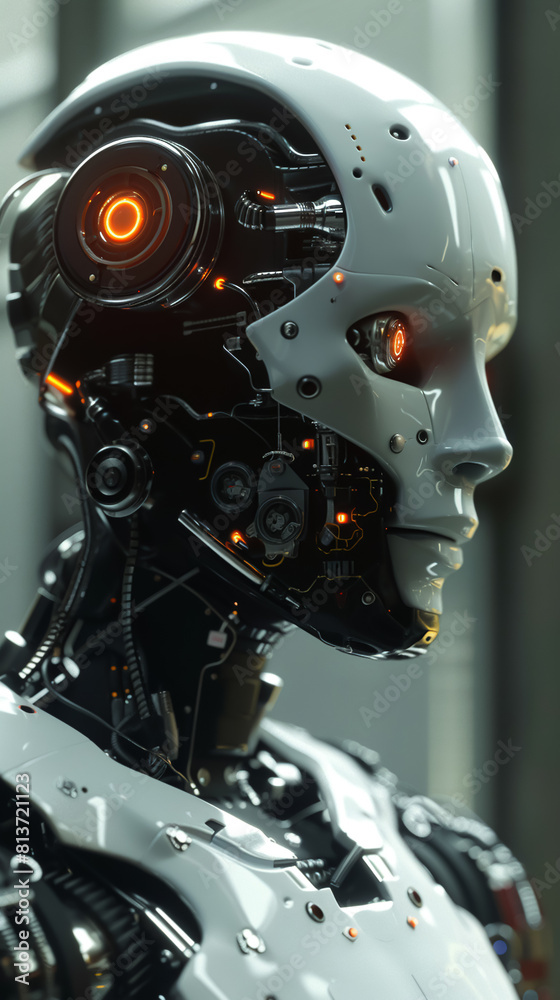 Fototapeta premium Sophisticated android with human-like features, engaging in meaningful dialogue with younger generation 3D Render, Spotlight Lighting, Chromatic Aberration