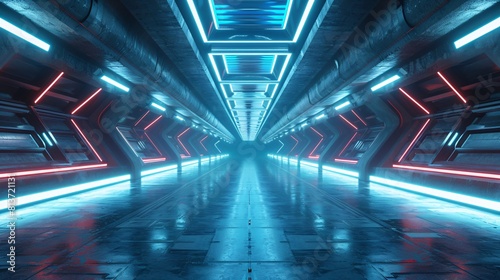 Cement Concrete Sci Fi Futuristic Cyber Neon Electric Laser Lights Glowing Blue Tunnel Corridor Hallway Pillars Dark Background Spaceship Underground 3D Rendering Illustration