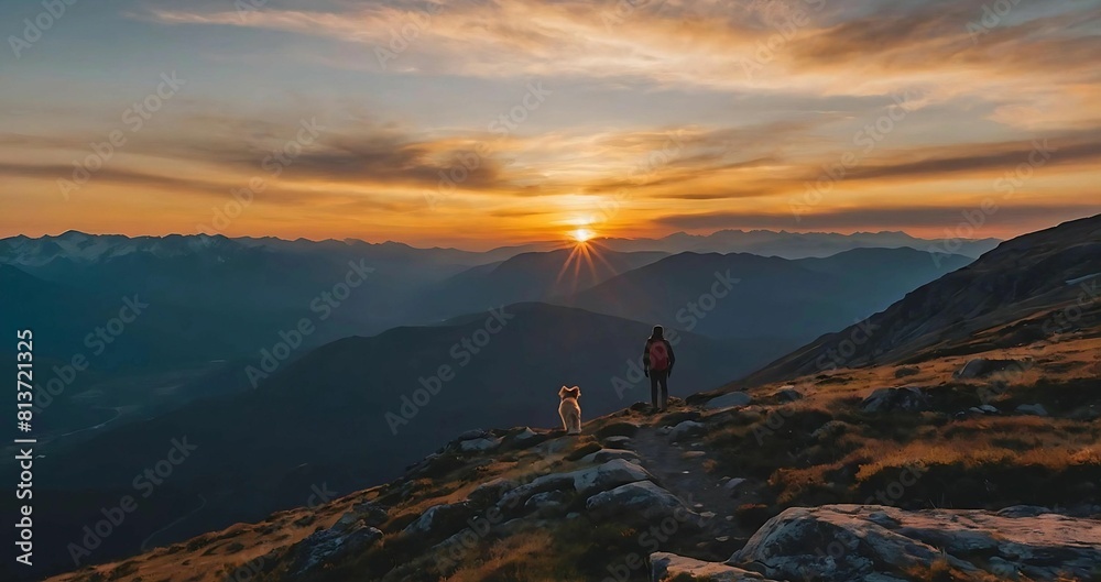 Sunset in the  mountains, person standing on top of a mountain surrounded by more mountains during a sunset and a pet dog with him