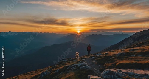 Sunset in the  mountains  person standing on top of a mountain surrounded by more mountains during a sunset and a pet dog with him