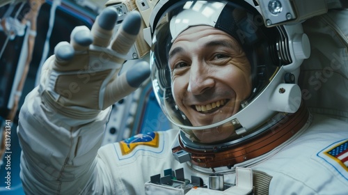 VFX Graphics depicting a smiling astronaut on a space ship in orbit waving his hand during a video call. The astronaut in a futuristic space suit is filled with joy. photo