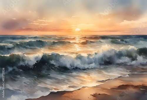 AI generated illustration of a vibrant sunset beach scene with waves and bird in flight