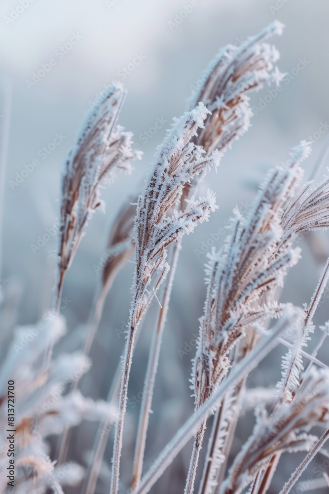 Closeup view of the patterns of frost on blades of grass, with their icy crystals and intricate textures creating a mesmerizing composition Closeup view of the patterns of frost on blades of grass, with their icy crystals and intricate textures creating a mesmerizing composition