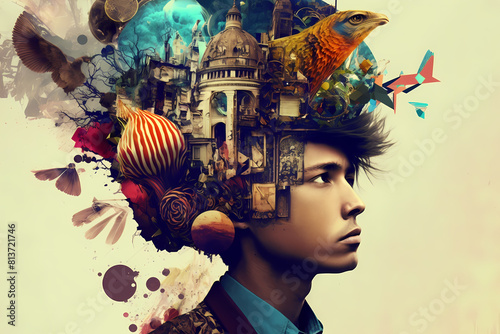 A man with various items displayed on his head. Crazy art illustration. photo
