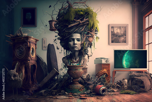Crazy art illustration. Statue of woman with plants in her hair. photo