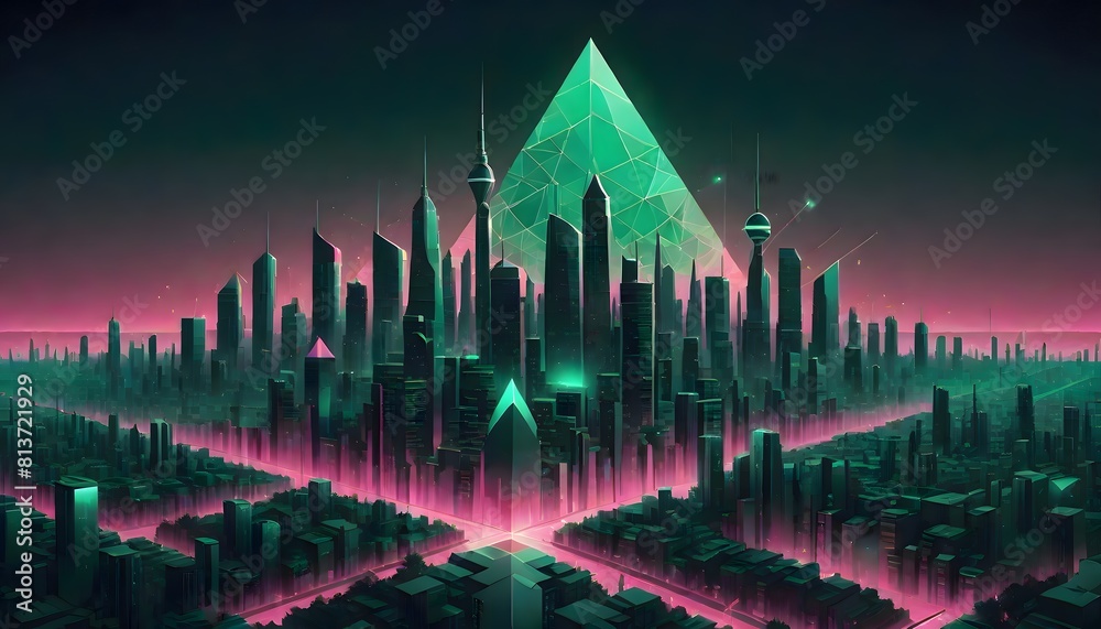 Futuristic cityscape with a geometric design with neon lights illuminating the city, creating a vibrant scene, Generative AI.