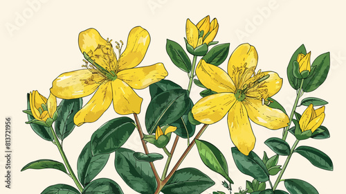 Colorful botanical drawing of St Johns wort in bloom. photo