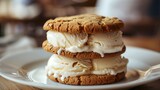  A delectable vanilla ice cream sandwich with golden brown cookies, a treat for the senses. 
