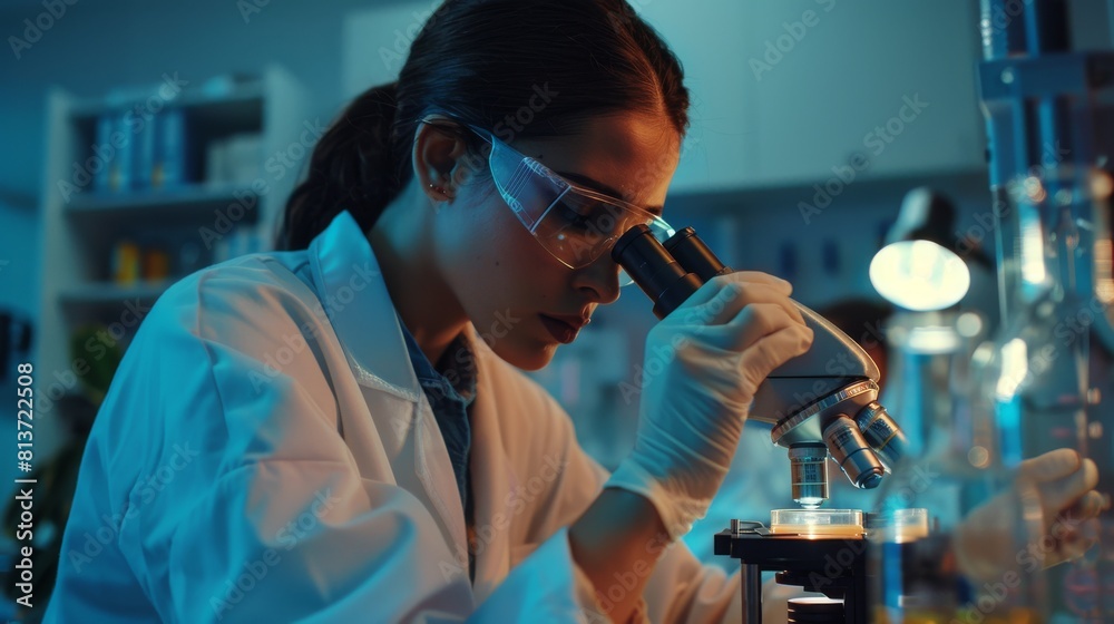 Medicinal Development Laboratory: Female Scientist analyzing a petri dish sample under a microscope. Medicional Development Lab with specialties conducting medicine and biotechnology research in the Medicinal Development Laboratory: Female Scientist analyzing a petri dish sample under a microscope. Medicional Development Lab with specialties conducting medicine and biotechnology research in the