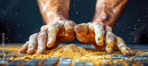 Close up of weightlifter s chalked hands symbolizing preparation in summer olympics sports event