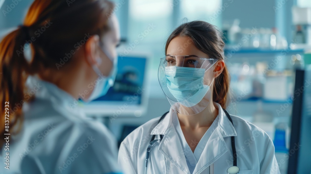 During a consultation in a health clinic, a doctor in a protective mask reads medical history and speaks with a patient. A physician in a lab sits in front of a computer. During a consultation in a health clinic, a doctor in a protective mask reads medical history and speaks with a patient. A physician in a lab sits in front of a computer.