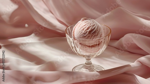  A sophisticated image of a scoop of artisanal rosewater ice cream, placed in a dainty glass bowl on a subtle pastel backdrop, highlighting its natural colors and velvety texture with refined shadows. photo