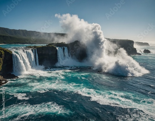 A spectacular waterfall cascading directly into the ocean  sending plumes of mist into the air as it meets the crashing waves