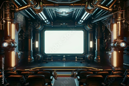Dark noir 50s low color style art deco horroristic dieselpunk sci-fi theater screening room with glowing white screen