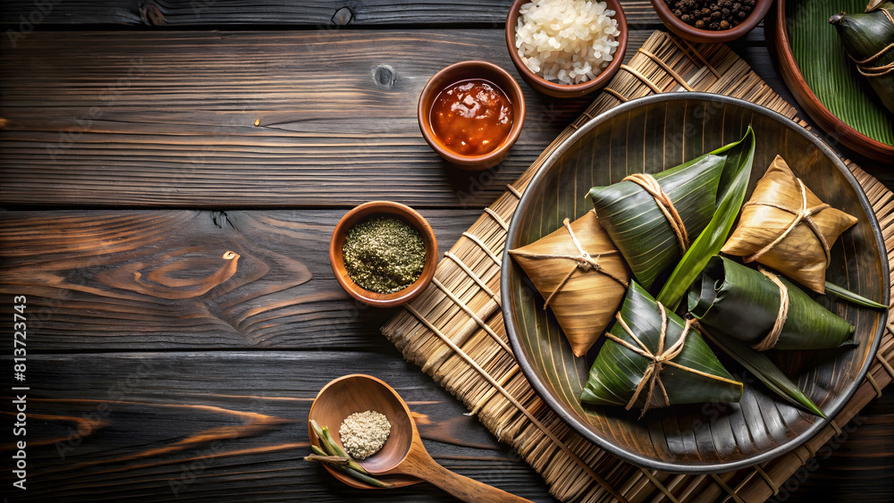 Rice Dumplings with Ingredients, Wooden Background: Dragon Boat Festival. Perfect for: Dragon Boat Festival, Traditional Chinese Cuisine, Dragon Boat Festival food promotion. Rice Dumplings with Ingredients, Wooden Background: Dragon Boat Festival. Perfect for: Dragon Boat Festival, Traditional Chinese Cuisine, Dragon Boat Festival food promotion.