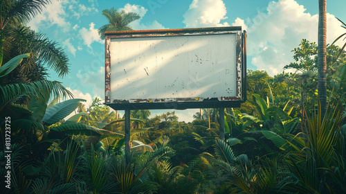 a billboard mockup against a breathtaking waterfall backdrop, with cascading water and lush vegetation creating a captivating setting for outdoor advertising photo