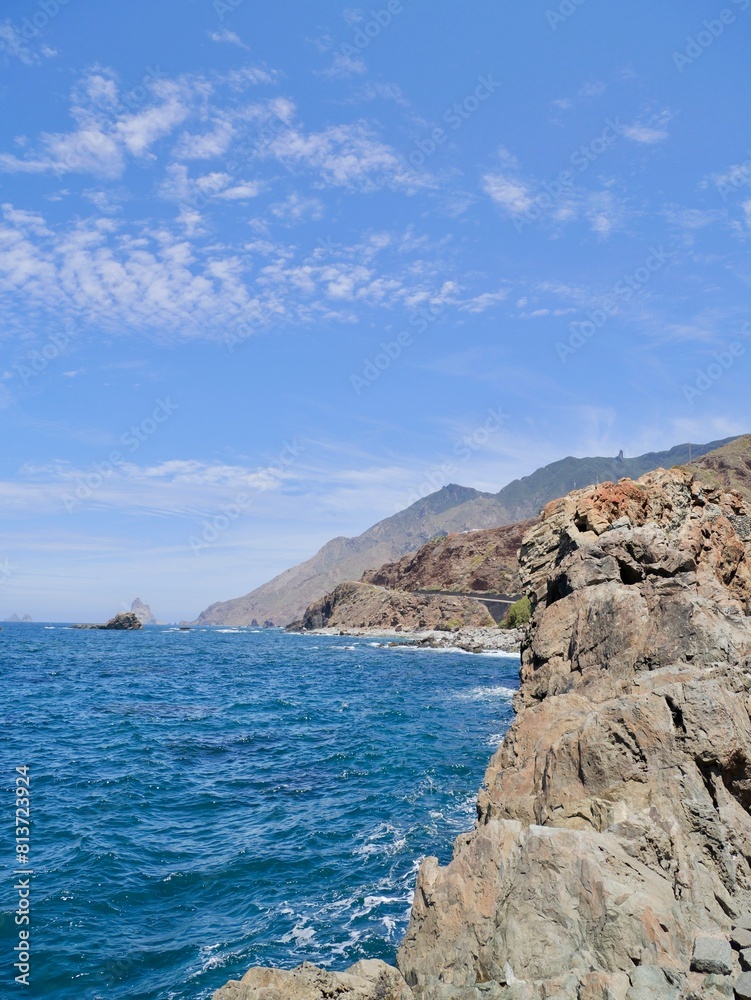 Fototapeta premium Seaside view to the beach Almáciga Beach (Playa de Almáciga) from the Roque de las Bodegas, Almáciga, Anaga Rural Park, Santa Cruz de Tenerife, Canary Islands, Spain