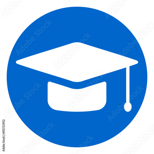 
Illustration depicting an academician's white master's cap icon in a blue circle on a white background. Education and studies