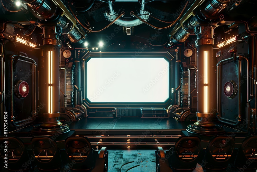 Retrofuturistic interior of dark sci-fi cinema screening room with ...