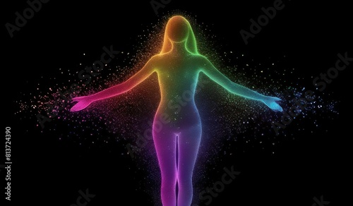 Radiant Beauty Ethereal Particle Rainbow Forming a Stunning Woman Against a black background
