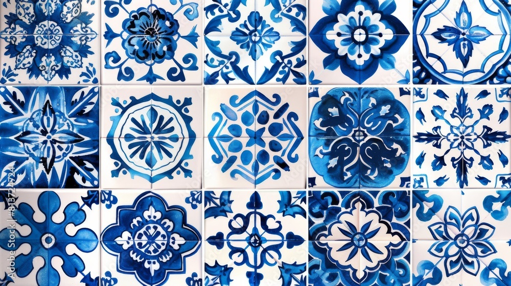 Blue and white tiles with Gzhel style ornaments. Mediterranean porcelain pottery isolated on white background Blue and white tiles with Gzhel style ornaments. Mediterranean porcelain pottery isolated on white background