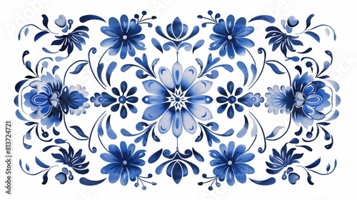 Blue and white tiles with Gzhel style ornaments. Mediterranean porcelain pottery isolated on white background photo