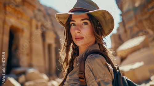 An amazing female adventurer poses at a camera and looks into the camera. A stylish great archeologist stands alongside ancient civilizations, fossil remains from ancient sites, and a forgotten city