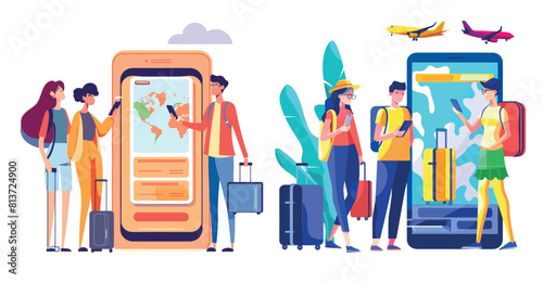  People booking tickets online, booking services for tourism and vacations, modern illustration of tourists booking flights with luggage.