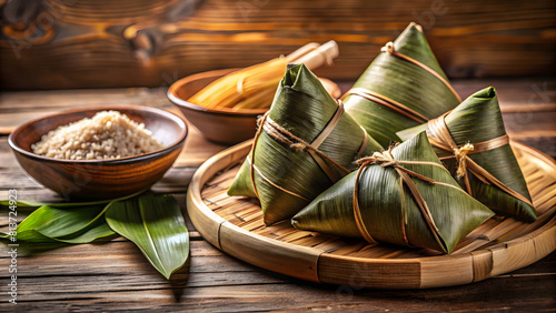Rice Dumplings with Ingredients, Wooden Background: Dragon Boat Festival. Perfect for: Dragon Boat Festival, Traditional Chinese Cuisine, Dragon Boat Festival food promotion.