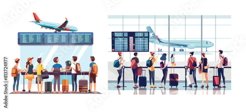 A departure area at an airport with planes boarding and luggage in the landing queue check in