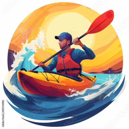 A man is sailing in a kayak or canoe. Olympic sport. Bright medal or emblem. 