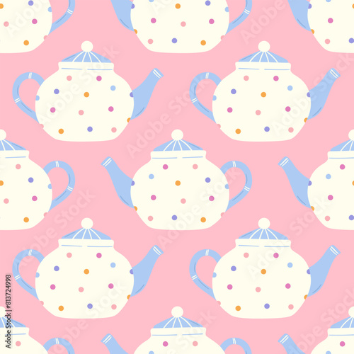 Seamless vector pattern with elegant ceramic teapots. Cute kettles with polka dot print on pink background. Retro funky kitchen decor. Wallpaper, wrapping paper, textile design