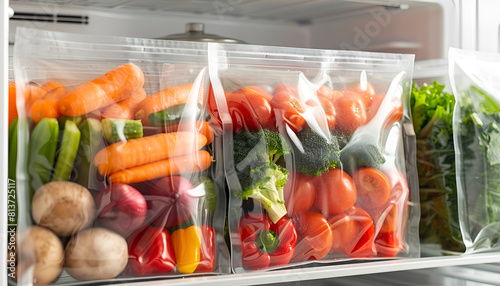 Vacuum bags with different vegetables in fridge, space for text. Food storage photo