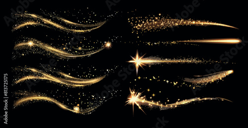 Gold glitter light path. Glitter lighting path with golden glitter. Waves of magic stardust