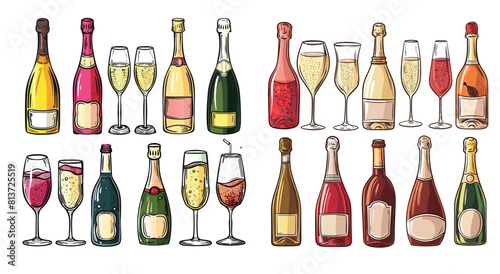 Bottles of white and red sparkling wine and holiday and wedding glasses doodled with vintage wine and  bottles