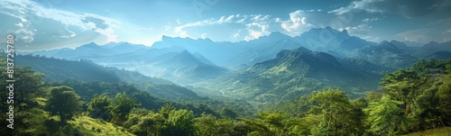 Mountains with a valley in the foreground and a blue sky. Nature background. Banner