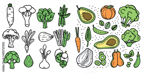 Vegetables on one line. Vegan meal and garden plants, avocado, cabbage, broccoli, peas. Modern line isolated set.