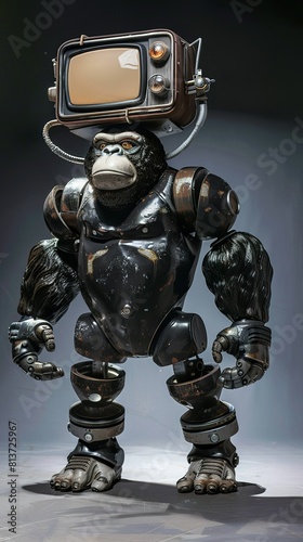 Retro sci-fi gorilla astronaut with a tv on his head robot full body sculpture